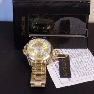 NIB w/$69 Tag Bebe Chunky Gold Rhinestone Bling Watch. Working
